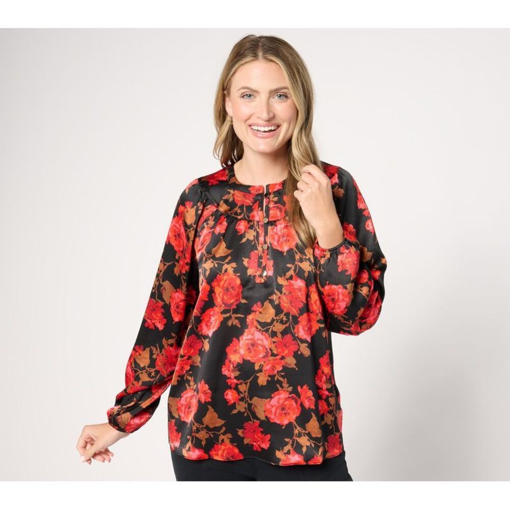 Top Knot Women's Plus Sz 3X Printed Hammered Satin Blouse Red A667593